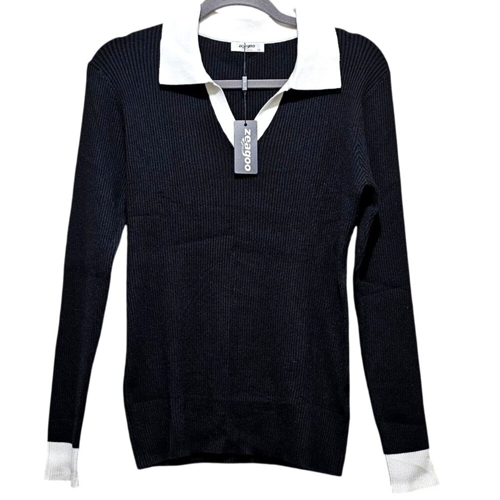 Zeagoo Black & White Knit Long Sleeve Collared‎ Sweater XXL - Picture 2 of 8